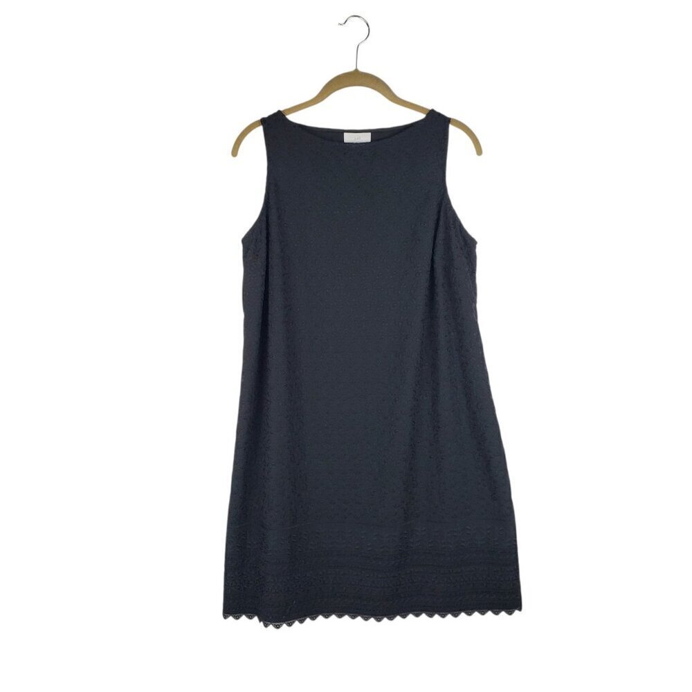 J Jill Embroidered Shift Dress Black Ditsy Floral Feminine Scalloped Hem Size SP